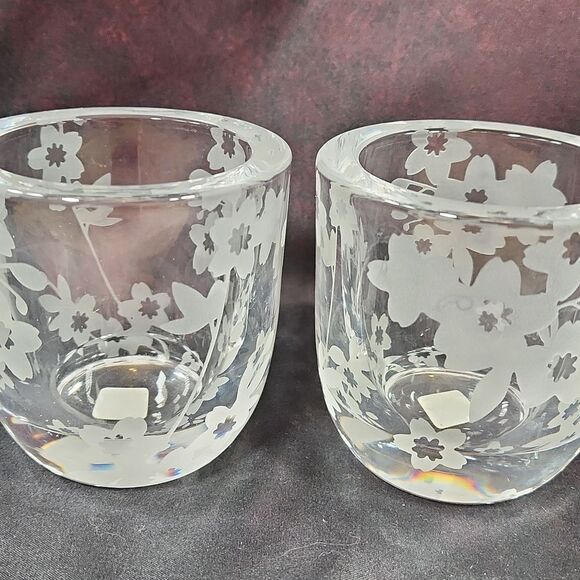 💜PartyLite Sakura Clear Frosted Etch Cherry Blossom Votive Holder Set of 2 - Picture 7 of 12